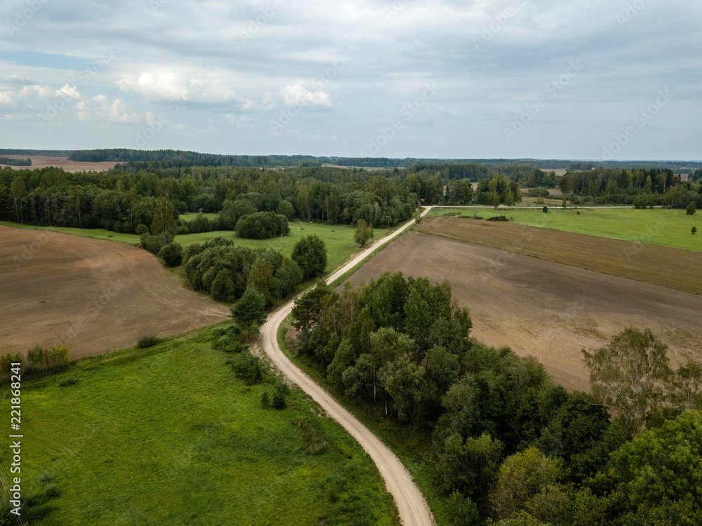 drone image. aerial view of rural area with fields and forests