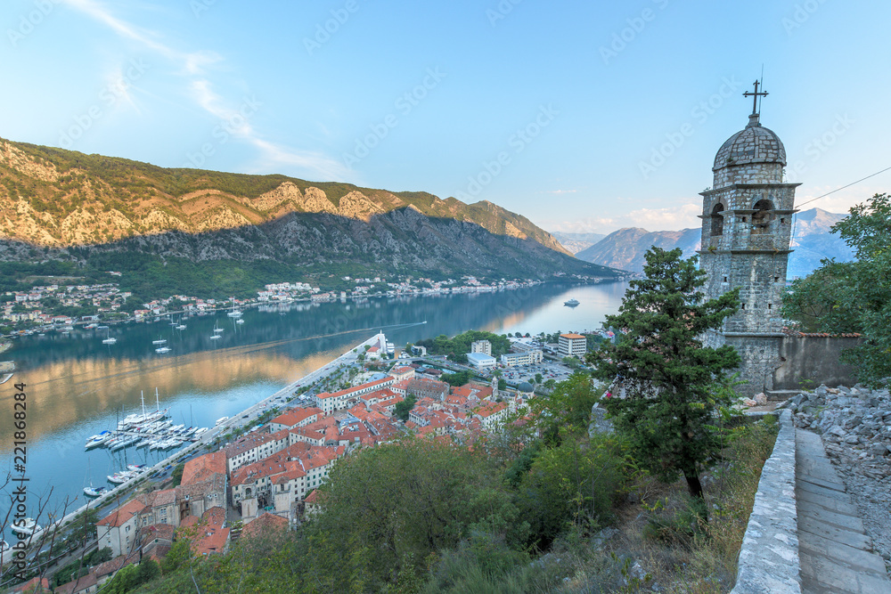 Church of Our Lady of Remedy and view on the Kotor bay, Montenegro at sunrise with Alpenglow