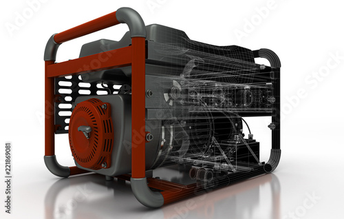 Generatore di corrente a benzina, rendering 3d, meccanica photo