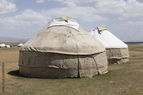 Two old traditional yurts at the Son Kul lake in Kyrgyzstan