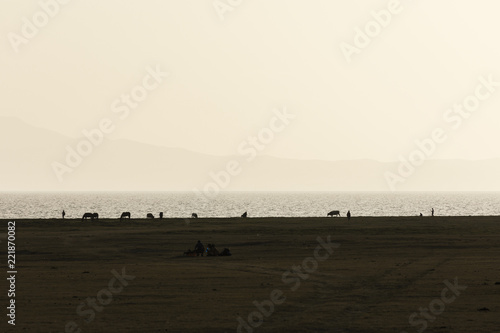 Song Kul lake in Kyrgyzstan in the magic evening light