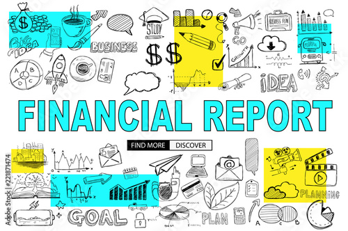 Financial Report concept with Doodle design style: online purchases, banking, money spending
