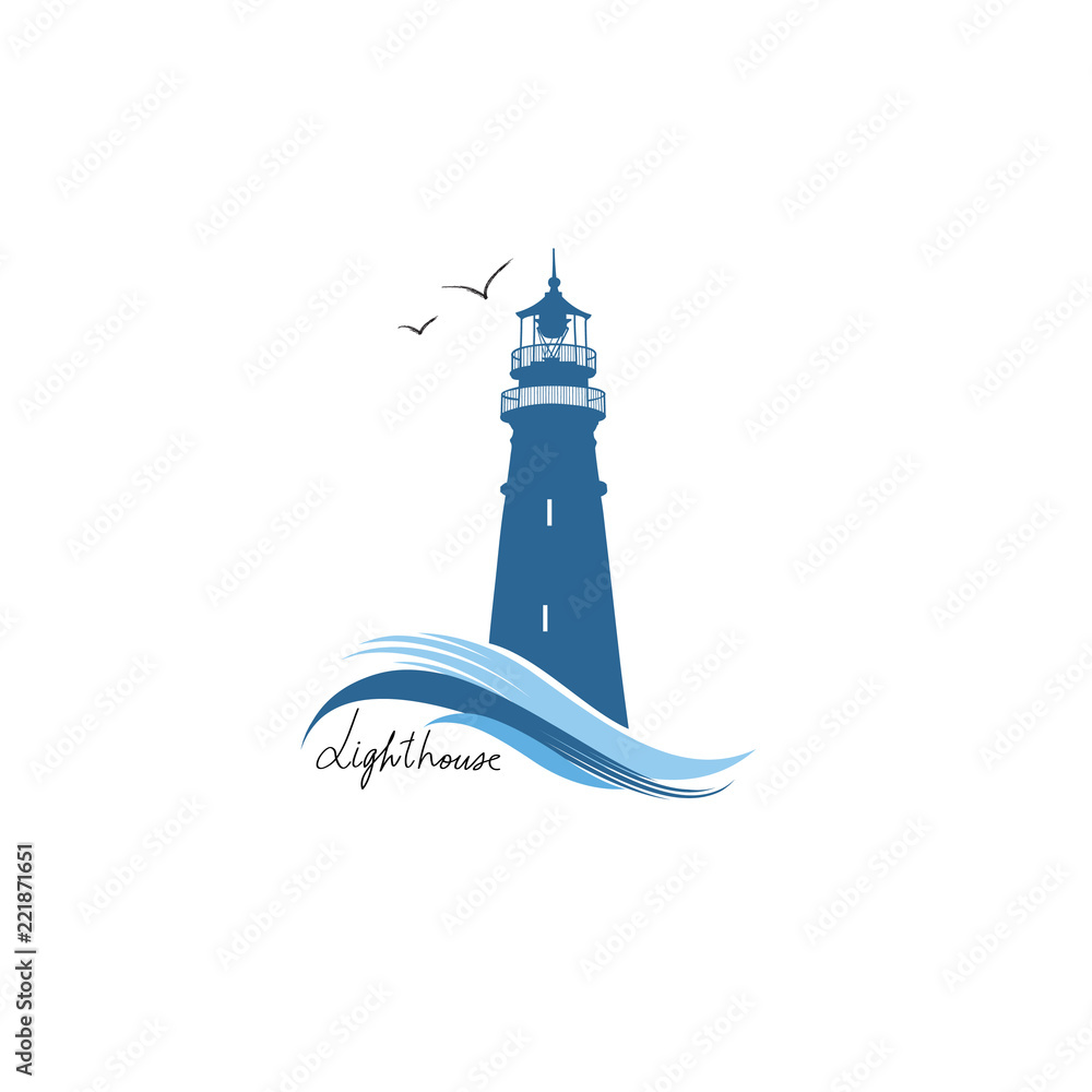 Lighthouse logo. Hand drawn sketch symbol of lighthouse with ocean waves. Nautical label design Lighthouse logo. Hand drawn sketch symbol of lighthouse with ocean waves. Nautical label design