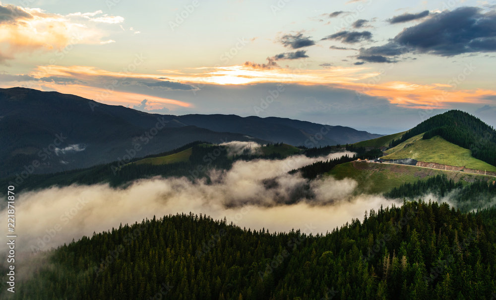 Sunset over mountain landscape in northern Romania