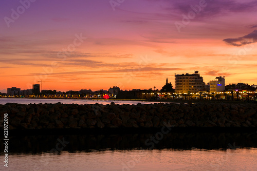 Panoramic view of Larnaca skyline at sunset, seen from the Main Harbour.