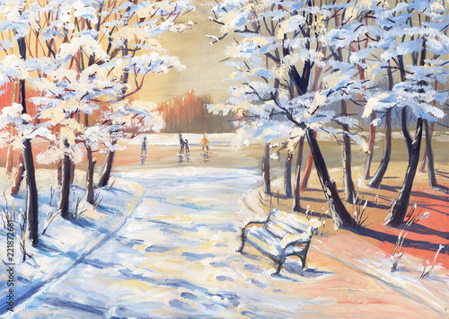 Gouache painting winter landscape with snowy trees, footpath, bench and figure skaters on a frozen river photo