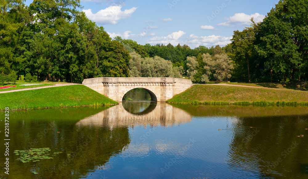 park panorama with the small river in the city of Gatchina