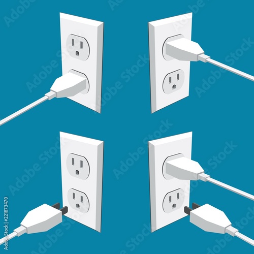 Four american abstract wall outlets with two inputs and plugs - vector clipart