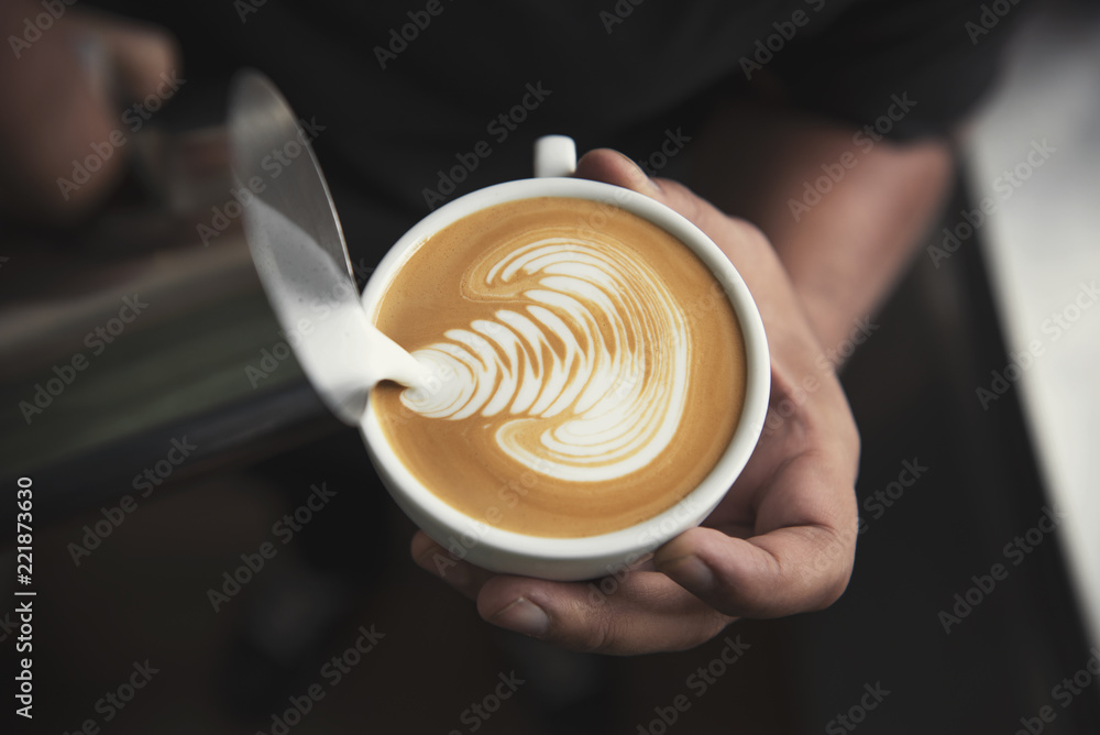 Barista making latte or Cappuccino art with frothy foam, coffee cup in cafe. - obrazy, fototapety, plakaty 