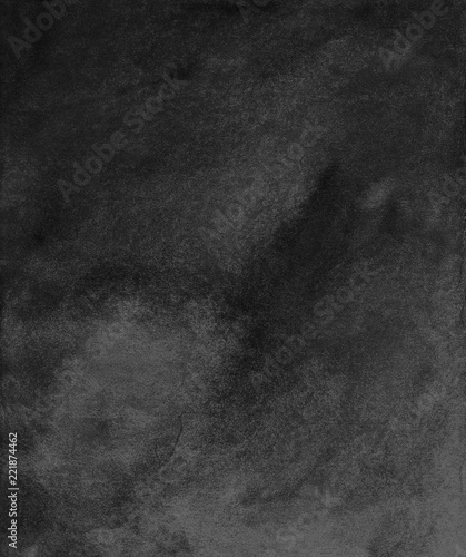 Black background. Watercolor monochrome background. Watercolour deep black overlay. Aquarelle stains on textured paper. Calm dark wallpaper. Old wall. Modern abstract art. Gloomy background for cards.
