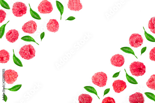 Fototapeta Naklejka Na Ścianę i Meble -  raspberries with leaves isolated on white background with copy space for your text. Top view. Flat lay pattern