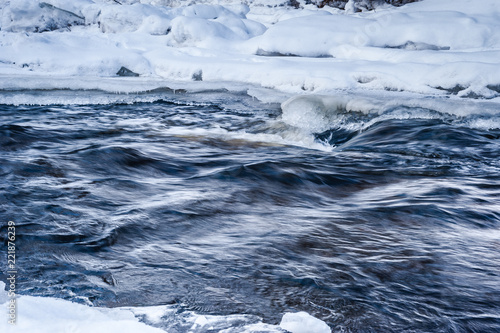Spring thawed patch in the ice of the river. Frozen ice and snow by the river side. Natural background. Long exposure.