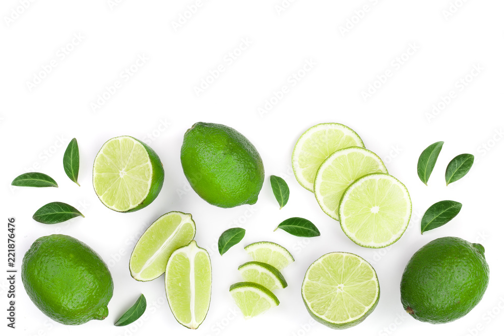 sliced lime vith leaves isolated on white background with copy space for your text. Top view. Flat lay pattern sliced lime vith leaves isolated on white background with copy space for your text. Top view. Flat lay pattern