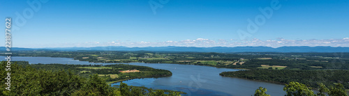 Lake Champlain from Mt. Defiance. Green Mountains are visible. Fort Ticonderoga is visible on the peninsula.
