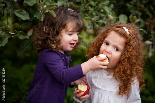 Girl Feeding Her Sister an Apple in an Orchard