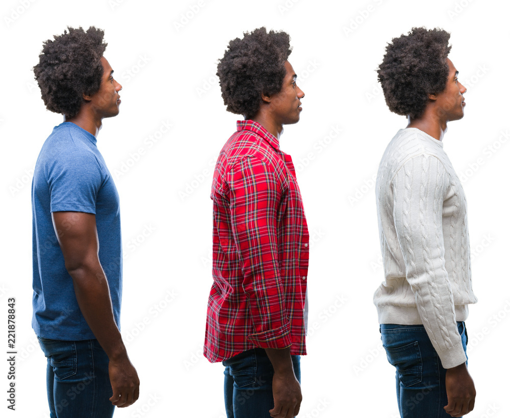 Collage of african american young handsome man over isolated background looking to side, relax profile pose with natural face with confident smile. Collage of african american young handsome man over isolated background looking to side, relax profile pose with natural face with confident smile.