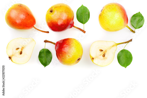 ripe red yellow pear fruits with leaf isolated on white background with copy space for your text. Top view. Flat lay pattern