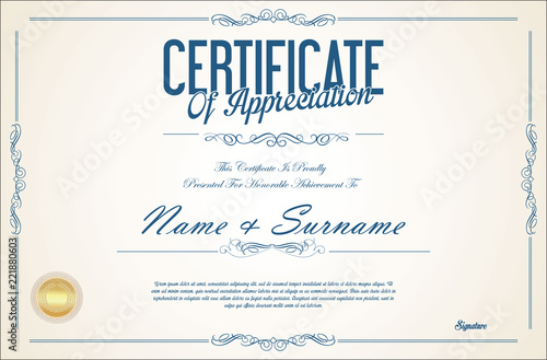 Certificate or diploma retro vintage design template 