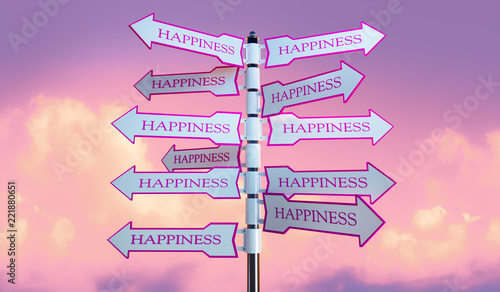 Konzept Happiness - Wegweiser vor Himmel