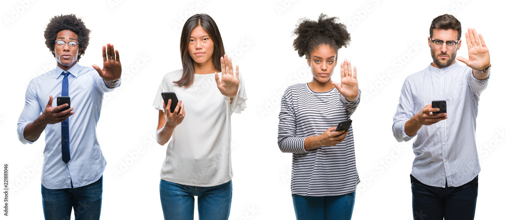 Obraz premium Collage of people texting sending message using smartphone over isolated background with open hand doing stop sign with serious and confident expression, defense gesture