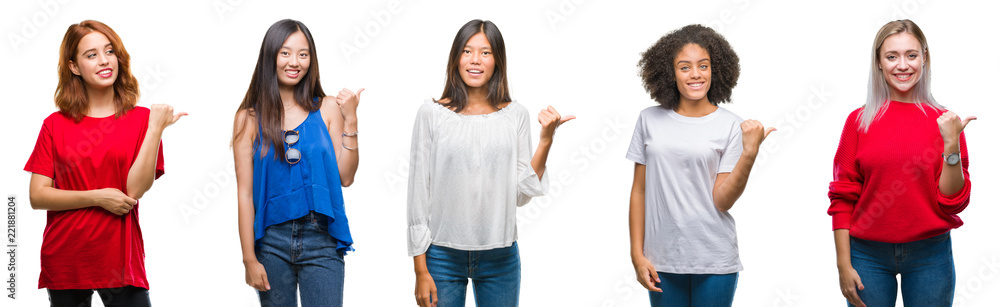 Collage of group of beautiful Chinese, asian, african american, caucasian women over isolated background smiling with happy face looking and pointing to the side with thumb up. Collage of group of beautiful Chinese, asian, african american, caucasian women over isolated background smiling with happy face looking and pointing to the side with thumb up.