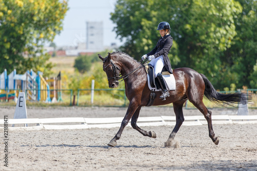 Young girl on bay horse performing her dressage test © skumer