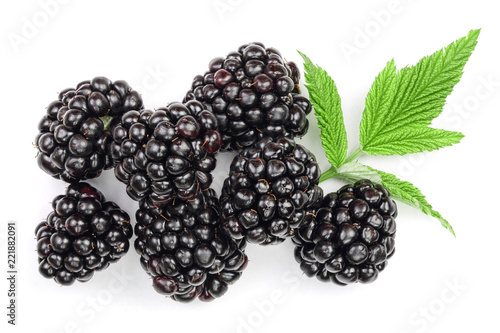 Fresh blackberry with leaves isolated on white background. Top view. Flat lay pattern