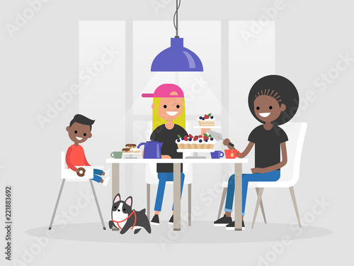 Young lgbtq family sitting at the dining table. Desserts and tea. Daily life / flat editable vector illustration, clip art