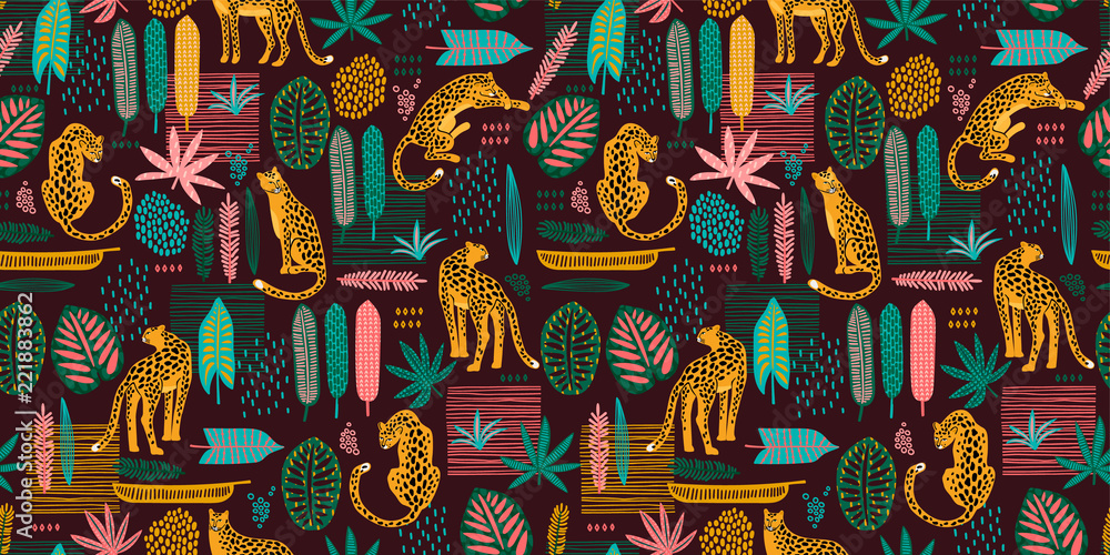 Vestor seamless pattern with leopards and abstract tropical leaves.