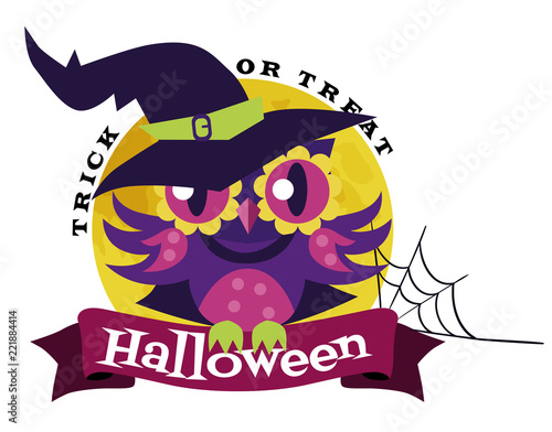 Logo owl in Halloween costume of witch. Mystery night-bird in hex suit sitting with potty potion on tree branch vector illustration. All Hallows Eve concept. Isolated on white background.