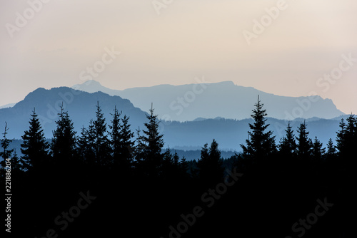 Forest Mountain Range Scene at Sunrise. Mountain panoramic landscape. 