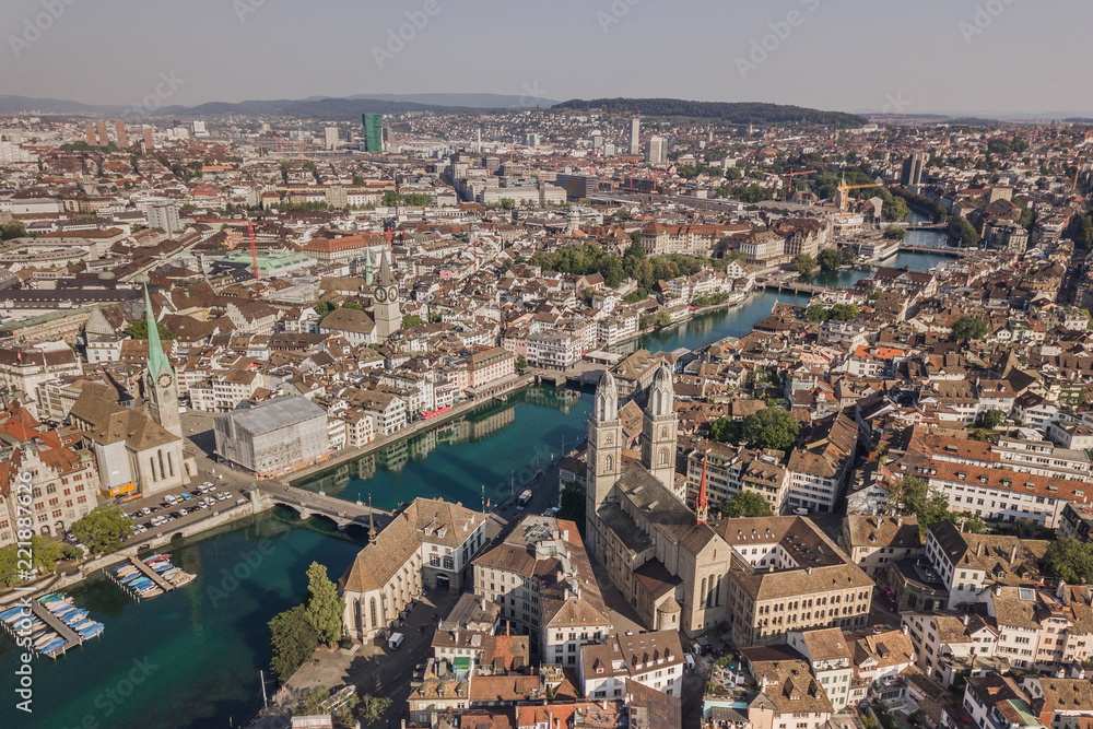 Cityscape of Zurich, the biggest city in Switzerland. Aerial view