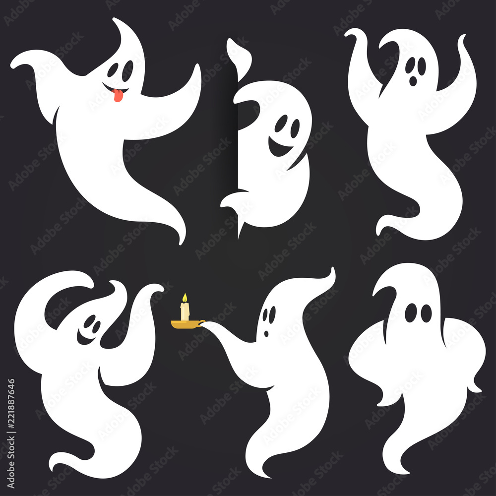 Funny Halloween ghost set in different poses. White flying spooky ghost silhouette isolated on dark background. Traditional festive element for your design. Vector illustration. - obrazy, fototapety, plakaty 