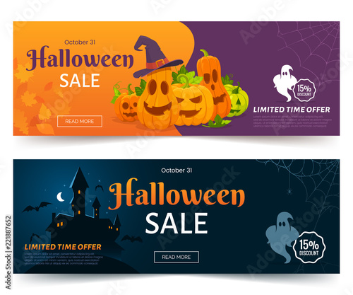 Halloween sale promo web banner. Colorful halloween coupons with spooky pumpkins, castle and ghsots. Festive advertising coupon. Vector illustration.