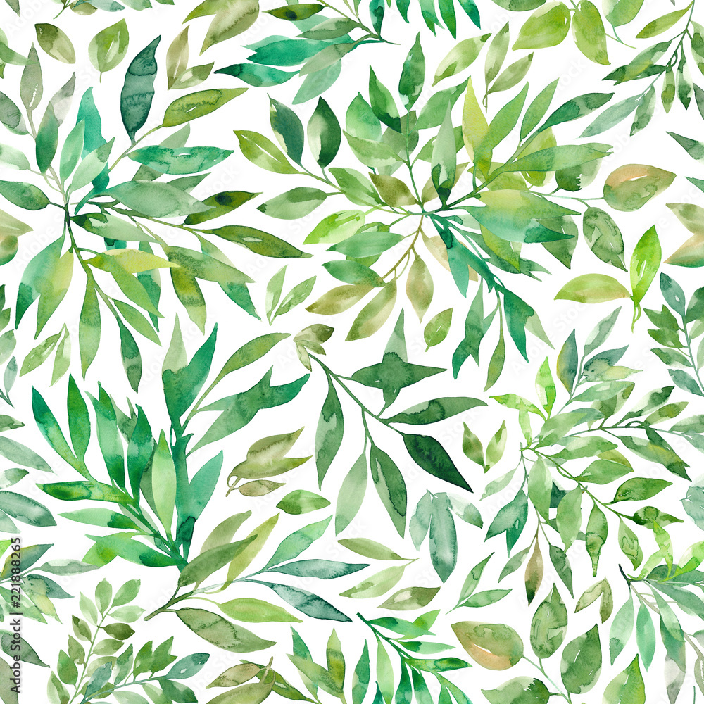 Seamless pattern with hand drawn watercolor green leaves.