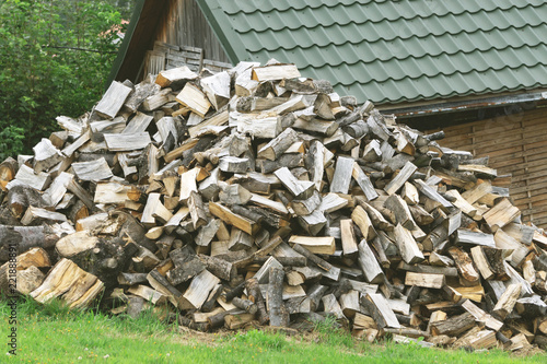 a large pile of logs, preparation of firewood for winter,