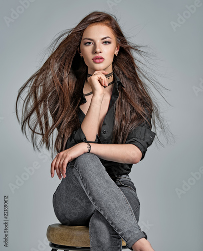 Young woman with long straight hair