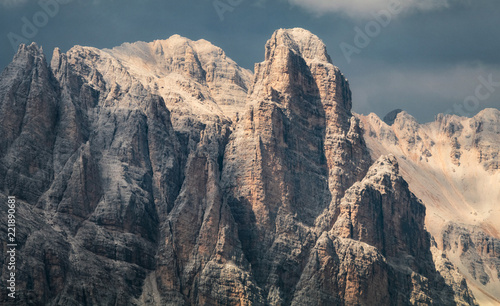 Detailed view of famous Dolomites mountain peaks glowing in beautiful golden evening light at sunset in summer, South Tyrol, Italy