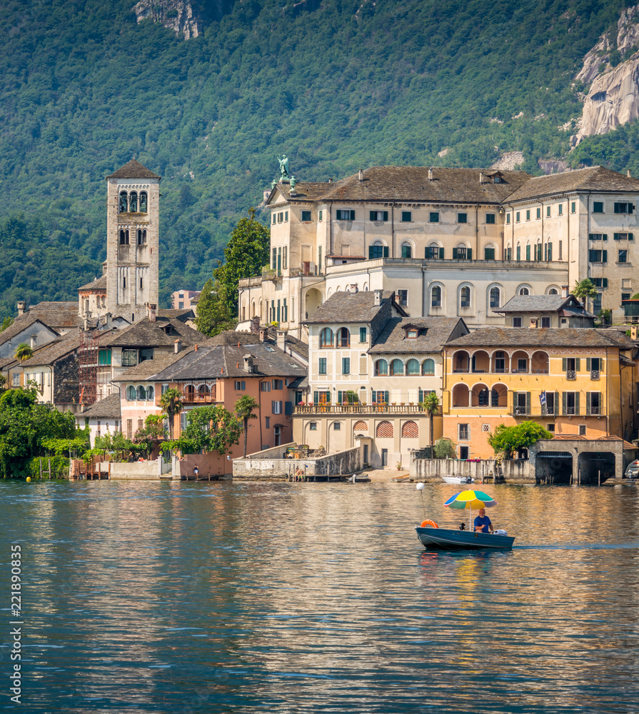 Scenic sight of San Giulio Island in the Lake Orta, Piedmont, Italy.