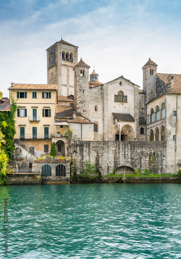 Scenic sight of San Giulio Island in the Lake Orta, Piedmont, Italy.