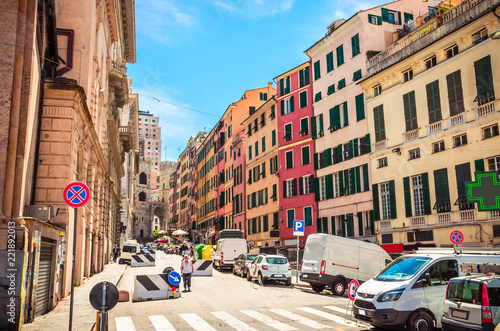 Beautiful cozy streets of Genoa in summer day, Liguria, Italy