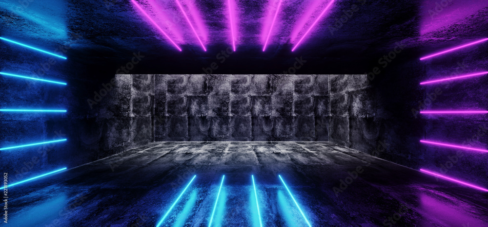 Obraz premium Futuristic Sci-Fi Blue Purple Glowing Neon Tube Line Lights In Dark Grunge Concrete Tunnel With Empty Space Wallpaper 3D Rendering