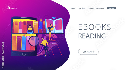 Tablet with bookshelves and students searching and reading information. Digital learning, online database, content storing and searching, ebooks concept, violet palette. Website landing web page.