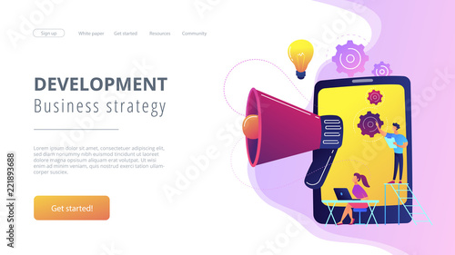 Tablet with loudspeaker and team working on white paper. ICO investment document, startup business strategy, product development plan concept, violet palette. Website landing web page.