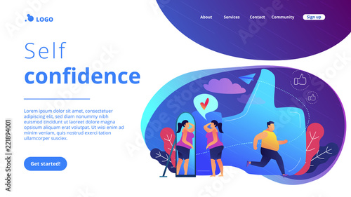 Plus size woman in front of the mirror as a concept of body positivity, acceptance and appreciation for all body types, body image, self confidence. Violet palette. Website landing web page template.