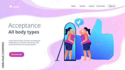 Plus size woman in front of the mirror as a concept of body positivity, acceptance and appreciation for all body types, body image, self confidence. Violet palette. Website landing web page template.