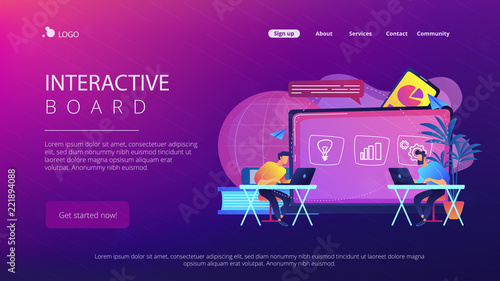 Students with laptops sitting behind interactive board with data. Digital, mobile, e-learning, flipped class, smart classroom. Modern education and virtual learning. Website landing web page template.
