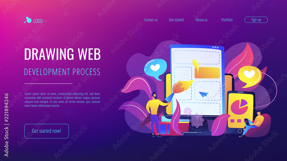 People drawing web page elements on the smartphone and LCD screen. Front end development it concept. Software development process. Violet palette. Website landing web page template.