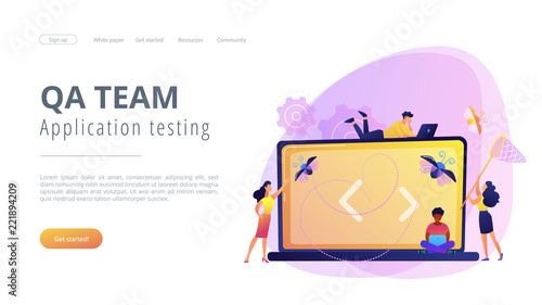 People catching bugs on the laptop screen with angle brackets. IT software application testing, quality assurance, QA team and bug fixing concept. Violet palette. Website landing web page template.