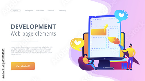 People drawing web page elements on the smartphone and LCD screen. Front end development it concept. Software development process. Violet palette. Website landing web page template.